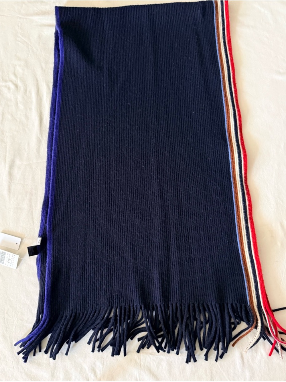 Barneys New York Navy Wool Scarf with Multicolor Stripe Edge